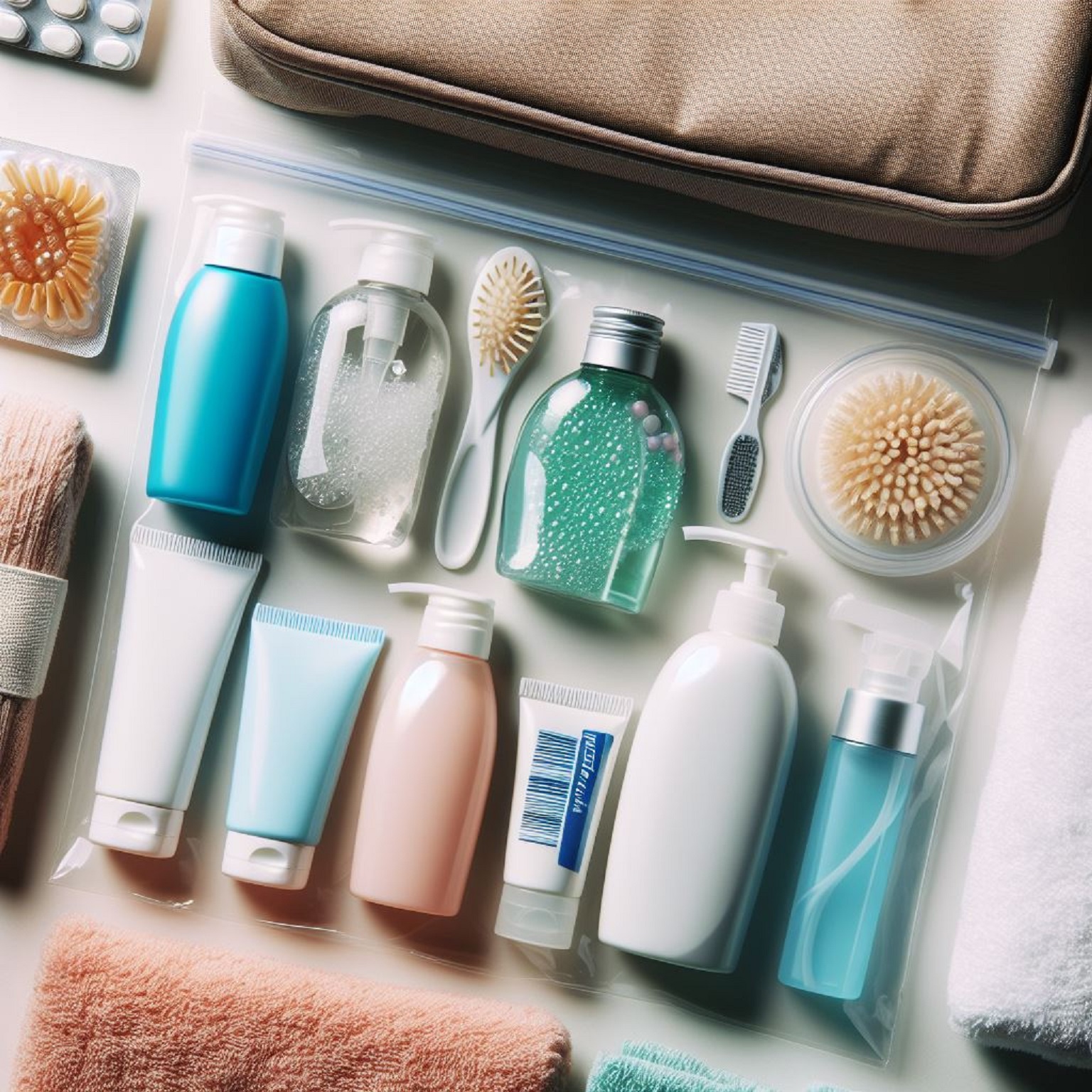 When packing for your travels, it's essential to streamline your toiletries and personal care items to save space and weight in your luggage. Opting for travel-sized versions of your favorite products ensures you have everything you need without exceeding airline liquid restrictions or adding unnecessary bulk to your bags. :: Dall-E