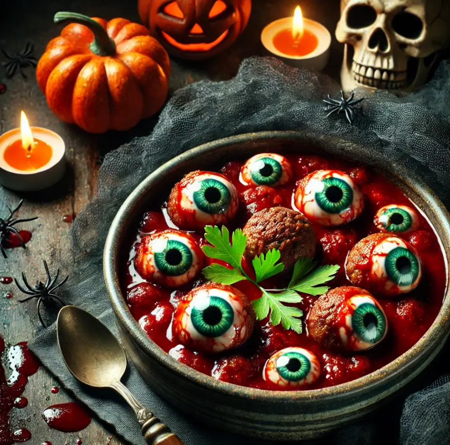 <p> For the main course, serve a hearty and delicious goulash featuring “eyeball” meatballs that will have your guests squealing with delight (and a touch of horror). Prepare a classic goulash with ground beef, pasta, and rich tomato sauce. For the meatballs, mix ground beef with breadcrumbs, eggs, and spices. Once formed, insert a slice of mozzarella cheese and a slice of black olive into the center of each meatball to resemble eyeballs. Cook them in the goulash sauce, allowing the cheese to melt slightly. Serve the goulash in deep bowls for a comforting yet eerie main dish that will have everyone coming back for seconds. </p> :: DALL-E