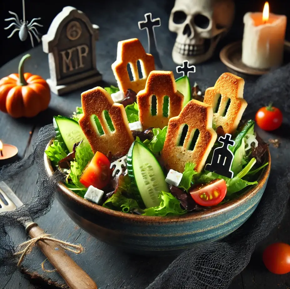 <p> Next, offer a spooky salad that combines freshness with fright. Toss together mixed greens, cherry tomatoes, sliced cucumbers, and crumbled feta cheese. To add a ghoulish touch, create “graveyard” croutons by cutting bread into tombstone shapes and toasting them until golden. Use a food-safe marker to write “RIP” or the names of famous horror characters on the croutons. Sprinkle the croutons over the salad for a playful and delicious dish that keeps the Halloween spirit alive. Drizzle with a tangy vinaigrette to complement the flavors and add a pop of color to your table. </p> :: DALL-E