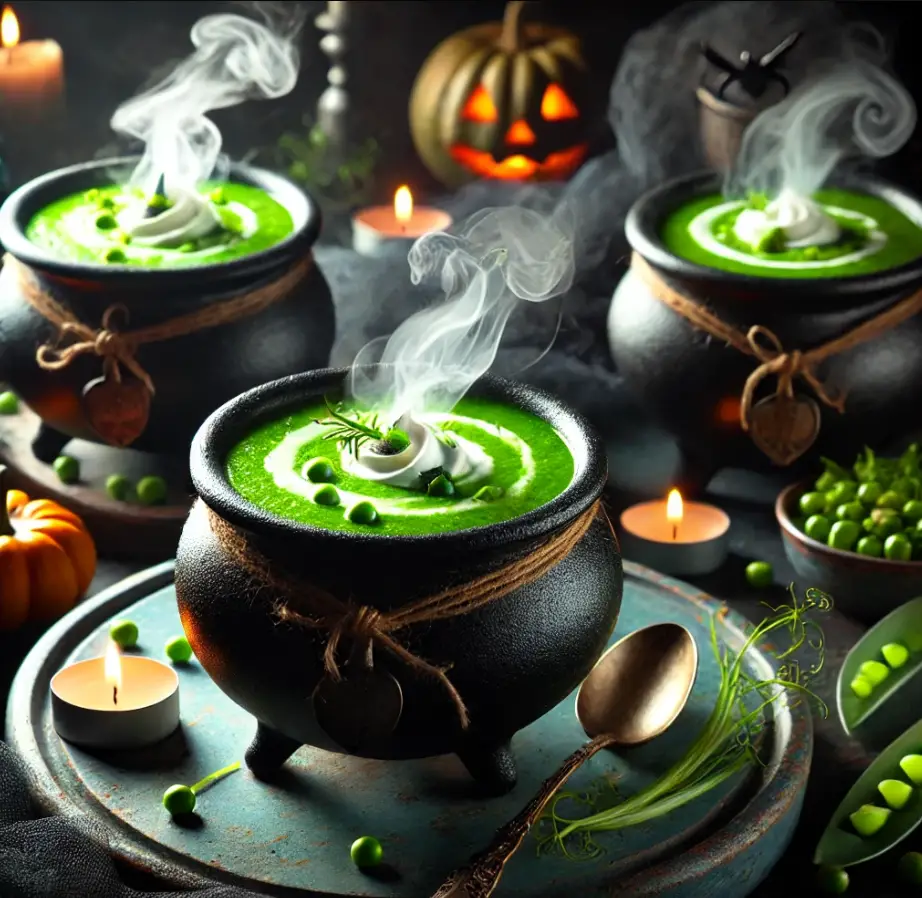 <p> For the soup course, delight your guests with a vibrant and flavorful witch's brew soup. Prepare a creamy green soup using pureed peas, spinach, and leeks, seasoned with garlic and herbs. To enhance the spooky vibe, serve the soup in cauldrons (small black bowls) and garnish with a swirl of sour cream to mimic bubbling potion. Add croutons shaped like bats or spiders for an extra touch of fright. This dish not only tastes delicious but also looks stunning, creating a visually appealing centerpiece for your Halloween dinner. </p> :: DALL-E