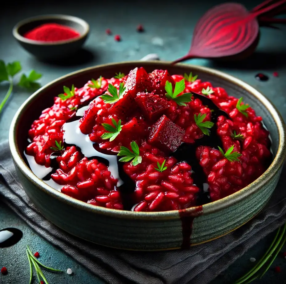 <p> Continue the evening with a visually striking dish: blood-red risotto. Use beetroot to achieve a deep crimson color while imparting a slightly sweet flavor. Cook arborio rice slowly, stirring in vegetable broth until creamy, then mix in roasted beet puree and top with fresh herbs like parsley or chives. To add a ghoulish touch, serve the risotto in individual bowls and garnish with a drizzle of balsamic reduction to resemble blood. This dish is not only delicious but also serves as a conversation starter, making it a perfect addition to your Halloween menu. </p> :: DALL-E