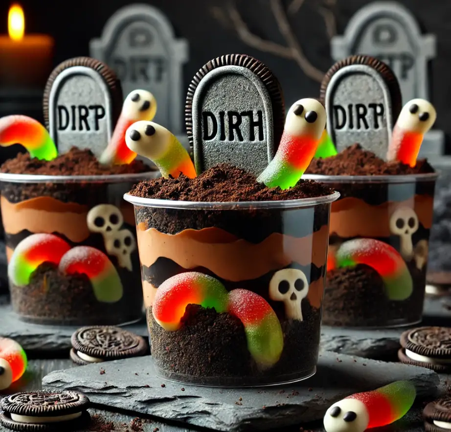 <p> Finally, finish off your Halloween dinner party with a fun and creepy dessert: graveyard dirt cups. Start with layers of chocolate pudding and crushed Oreos to resemble dirt. Use gummy worms and candy tombstones to decorate the top, creating an eerie graveyard scene. You can even add edible grass or green sprinkles for a more authentic look. Serve these desserts in clear cups or jars to showcase the layers, and watch as your guests delight in this spooky yet sweet finale. It’s a playful way to end the evening and leaves everyone with a smile. </p> :: DALL-E