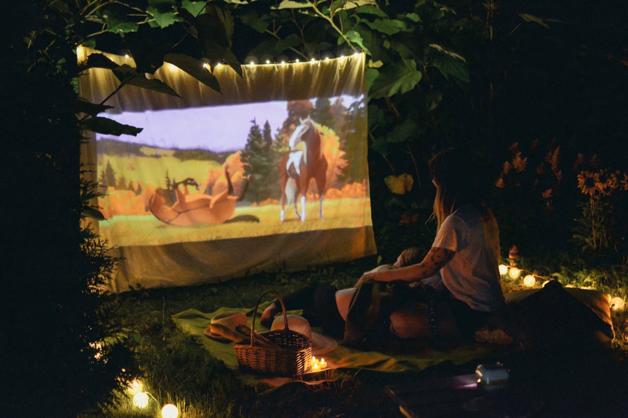 <p> Turn your backyard into a cozy outdoor movie theater with just a few household items. Start by hanging a white sheet or creating a projector screen on an outdoor wall or between two trees. Use a portable projector (affordable options are available online) to showcase your favorite movies. Set up blankets, pillows, and lawn chairs for comfortable seating, and don’t forget a big bowl of popcorn. An outdoor movie theater is perfect for family nights or a romantic evening under the stars. </p> :: Pexels