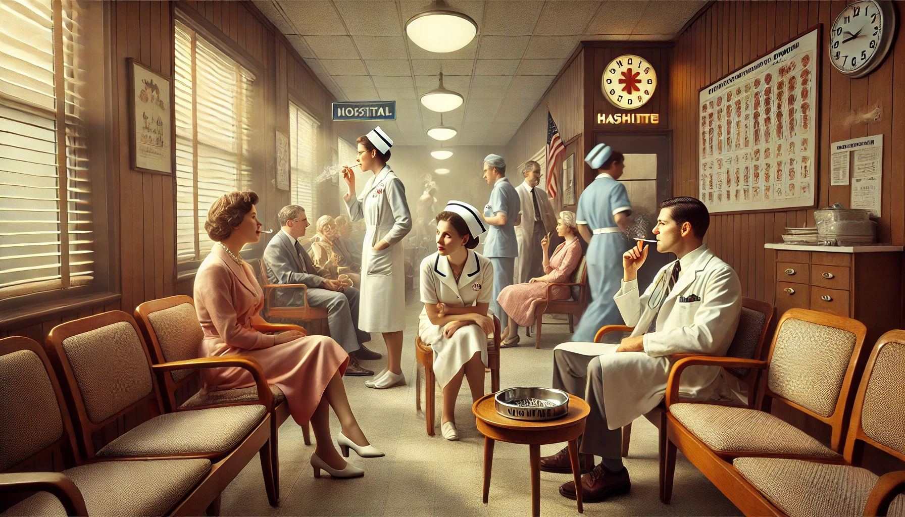 <p> Hospitals in the 1960s were not off-limits for smokers. In fact, patients, doctors, and nurses could often be seen smoking in waiting rooms, hallways, and even in patients’ rooms. Smoking was so ingrained in society that even the medical community didn’t see it as a major health concern. Today, smoking is completely banned in hospitals around the world. With the rise of knowledge about the harmful effects of smoking, especially in medical environments, the idea of lighting up in a hospital setting is not just unacceptable—it’s unimaginable. </p> :: DALL-E