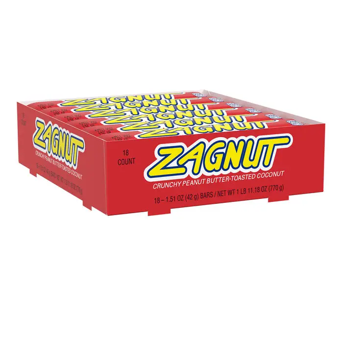 <p>Zagnut bars, first introduced in the 1930s, combine crunchy peanut butter with toasted coconut. The lack of chocolate coating makes them a unique and enduring favorite.</p> ::hersheys.com