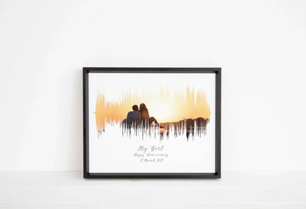 <p> For a truly unique and artistic gift, consider a custom soundwave print that visualizes a meaningful message or song. You can record yourself saying “I love you,” choose your wedding vows, or pick a song that holds significance in your relationship. The audio clip is transformed into a soundwave, which can be framed as a beautiful and modern piece of art. Every time your partner looks at it, they will be reminded of the love you share. This gift blends creativity with personal sentiment, making it a truly one-of-a-kind way to celebrate your relationship. </p> :: Crafty Cow Design / craftycowdesign.co.uk