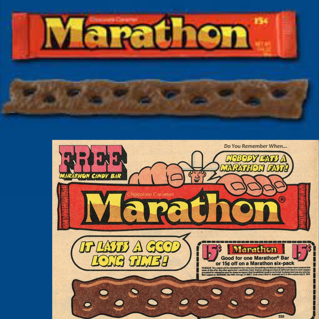 <p>The Marathon Bar, with its braided caramel covered in milk chocolate, was a popular treat in the 1970s. While it’s no longer available, its memory lives on in the hearts of boomers who enjoyed its chewy goodness.</p> ::facebook