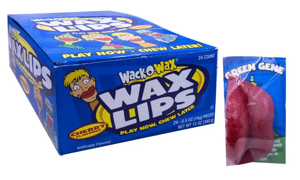 <p>Wax Lips were both a fun toy and a sweet treat. Made from flavored wax, kids could wear them as funny oversized lips before chewing on them like gum.</p> ::sweetiescandy.com